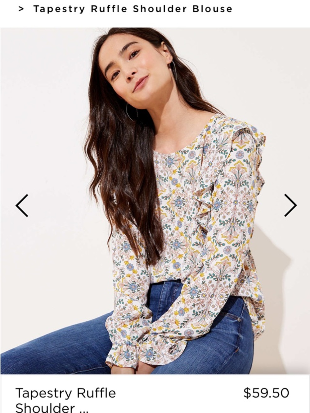Loft  Ruffle Shoulder Long Sleeve  Blouse  - White Floral Size Small